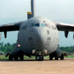 A C-17A Globemaster III aircraft, from the 437th and 315th Airlift Wing, Charleston Air Force Base, South Carolina, proceeding to the runway of Task Force Eagle, Tuzla, Bosnia and Herzegovina, during Operation JOINT ENDEAVOR.
